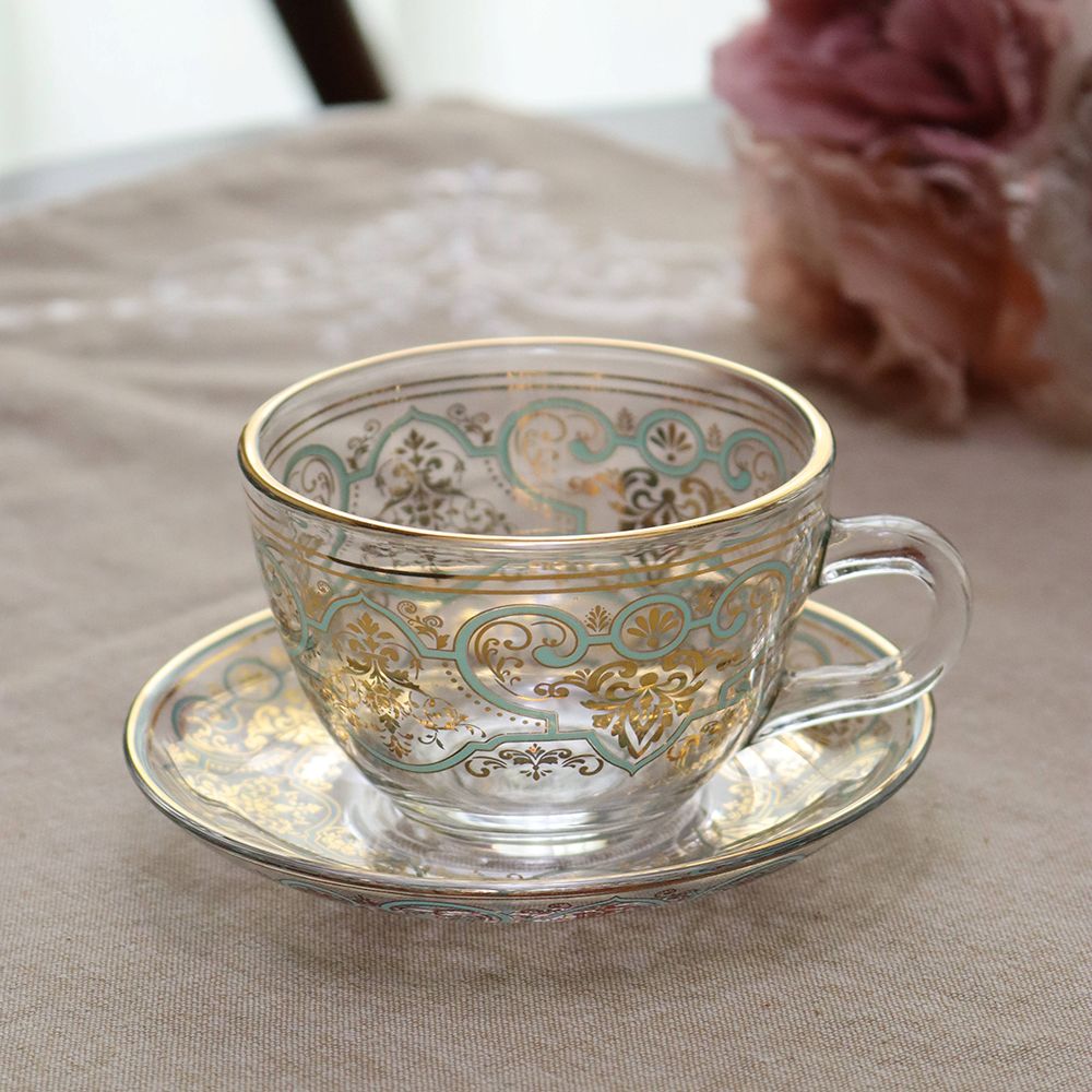 オシャレなアラベスク柄♪ ガラスのカップ&ソーサー HM1-800052