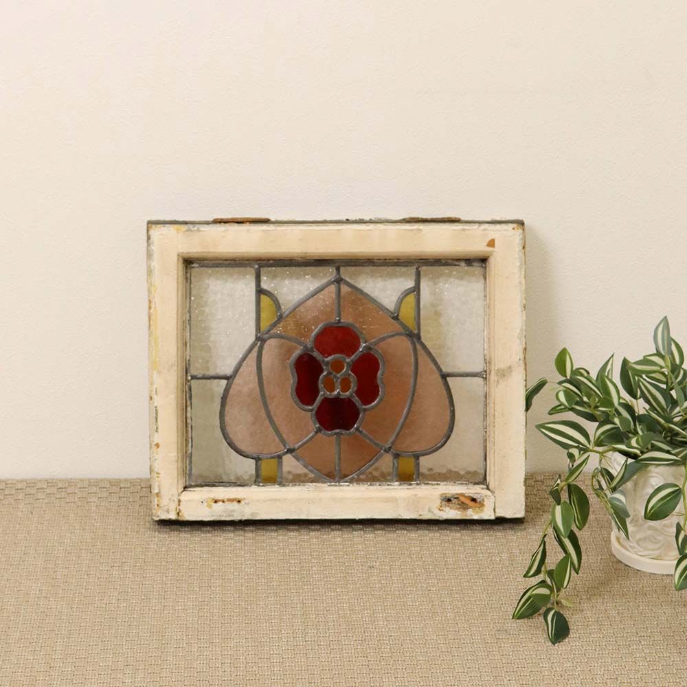 ガラスに咲く赤い花♪ アンティーク ステンドグラス VC111-152001