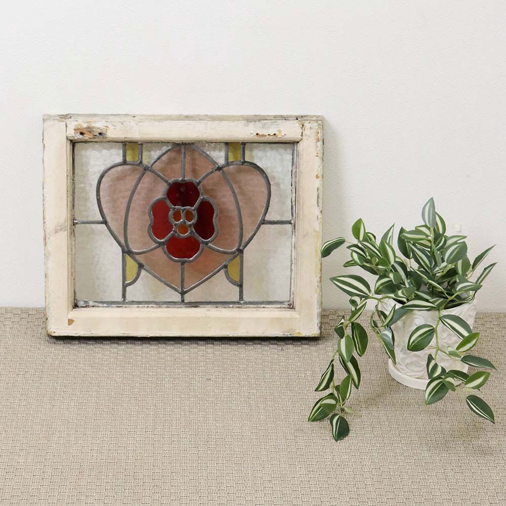 ガラスに咲く赤い花♪ アンティーク ステンドグラス VC111-152001