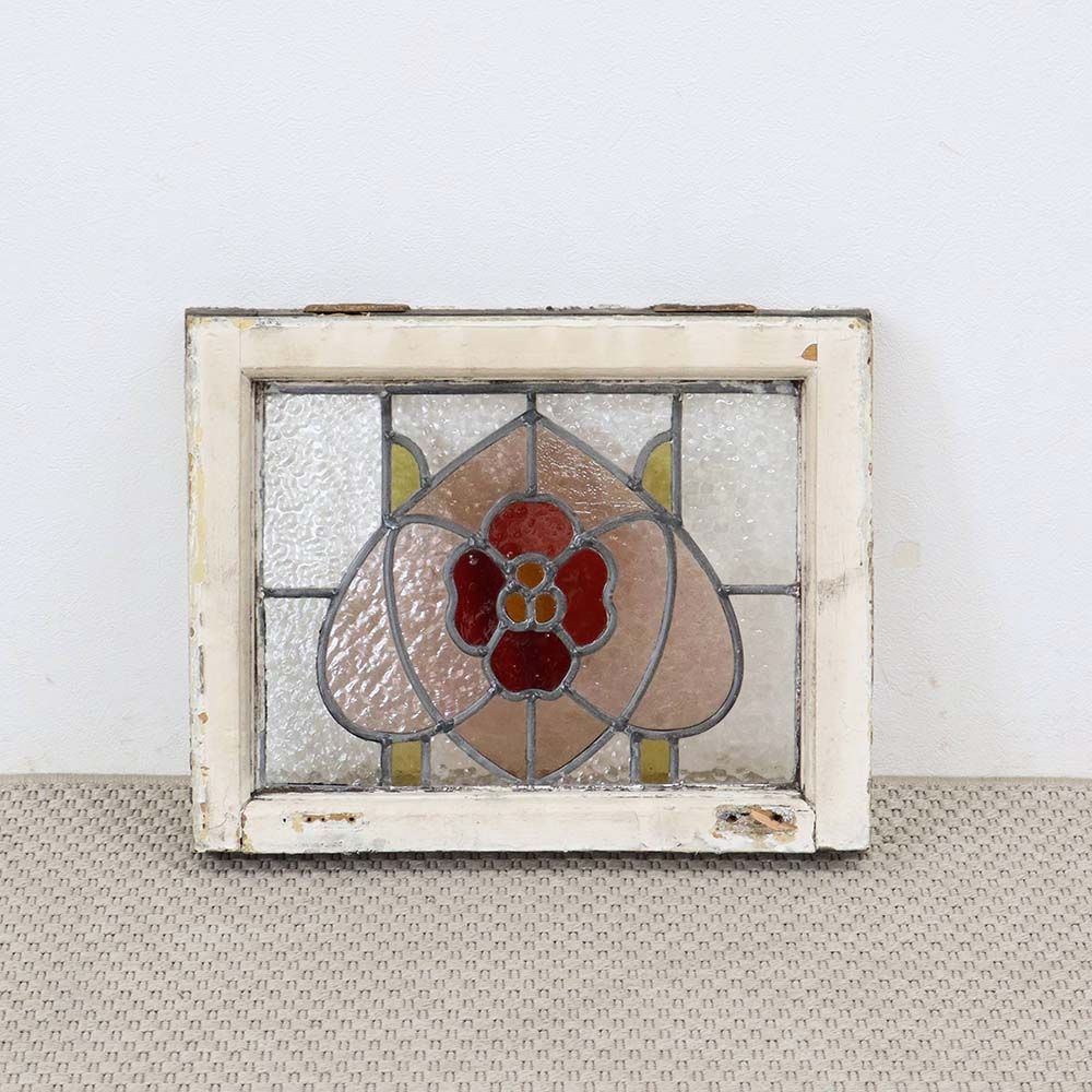 ガラスに咲く赤い花♪ アンティーク ステンドグラス VC111-152001