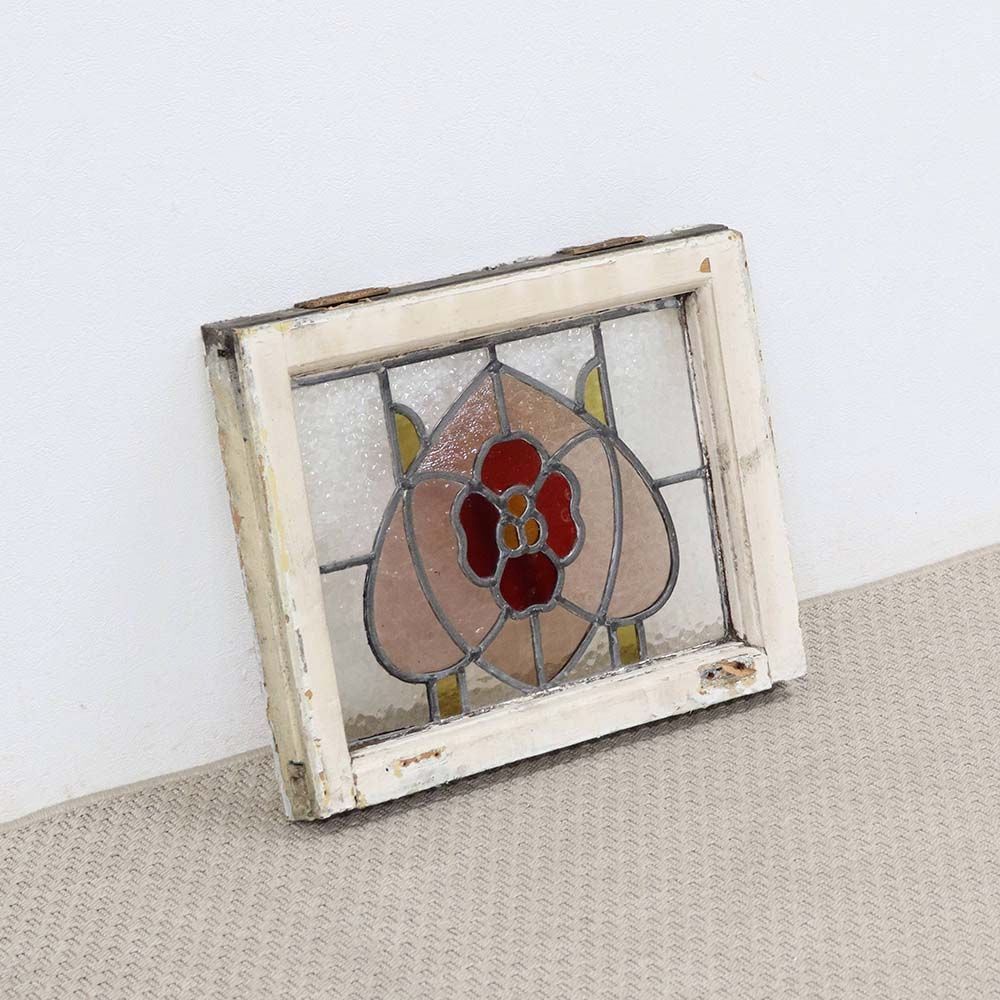 ガラスに咲く赤い花♪ アンティーク ステンドグラス VC111-152001