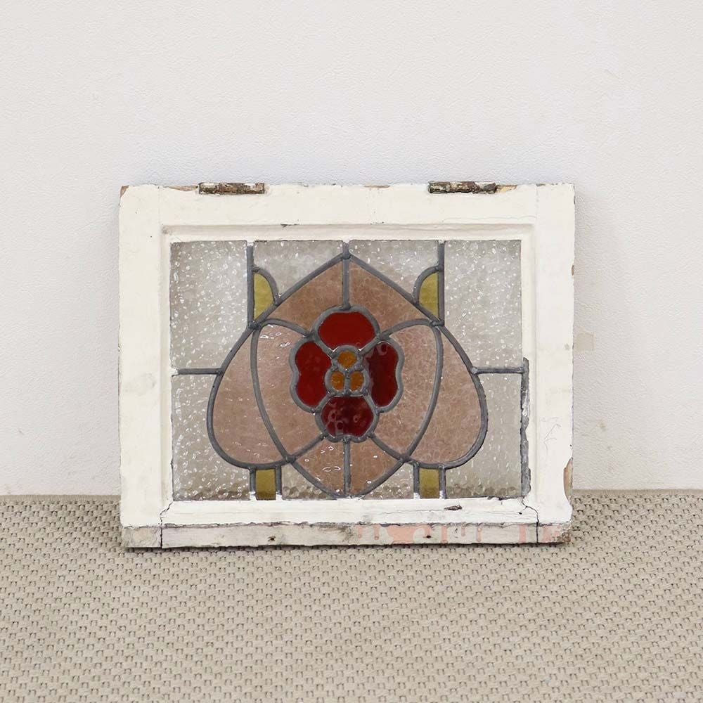 ガラスに咲く赤い花♪ アンティーク ステンドグラス VC111-152001