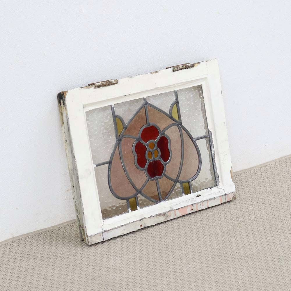 ガラスに咲く赤い花♪ アンティーク ステンドグラス VC111-152001