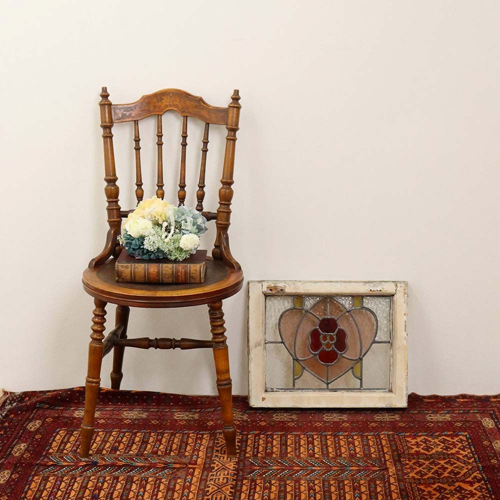 ガラスに咲く赤い花♪ アンティーク ステンドグラス VC111-152001